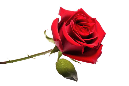 A Solitary Red Rose Blooms on a Blank Canvas. On a Clear PNG or White Background.