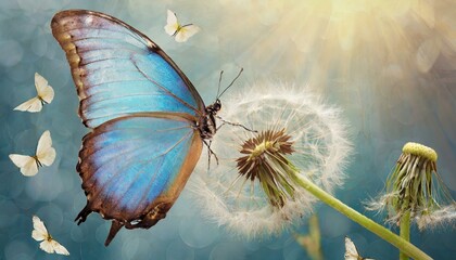 Natural pastel background. Morpho butterfly and dandelion. Seeds of a dandelion flower in drops of water on a background of sunrise