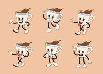 Retro cartoon coffee cup character set. Mug mascot in different poses. 60s 70s 80s groovy contour vector illustration. Espresso black coffee cup.