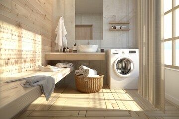 Carefree Cleaning: Interior of Bathroom with Modern Washing Machine and Cleaning Supplies on Bench Background - obrazy, fototapety, plakaty