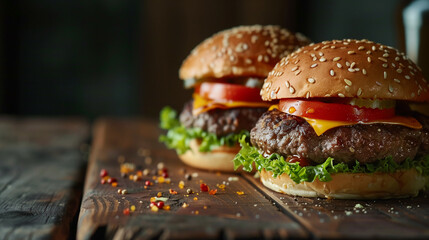 Close-up of two juicy cheeseburgers on rustic restaurant table, minimalist 