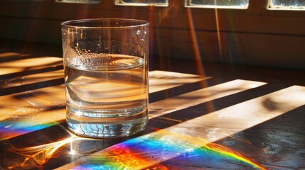 Glass of water casting rainbow shadows on a wooden table
