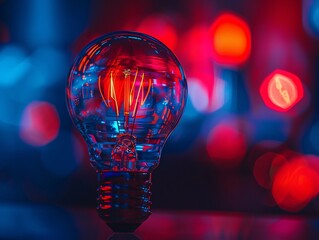a light bulb with a red and blue background