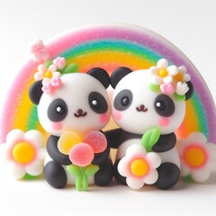 Fototapeta premium a cute couple panda with flowers made of pastel color rainbow gummy candy on a white background
