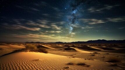 A desert landscape with a large starry sky and a large cloud of milk