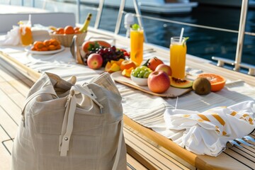 beach bag by a picnic setup on yacht deck table with fruits and drinks