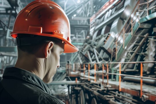 worker with hard hat, merged with paper mill machinery