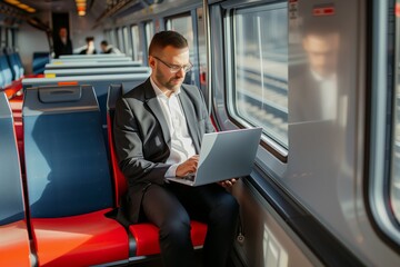 businessman working on a laptop on an intercity train - obrazy, fototapety, plakaty