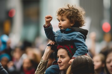 child on shoulders, fist raised at march - obrazy, fototapety, plakaty
