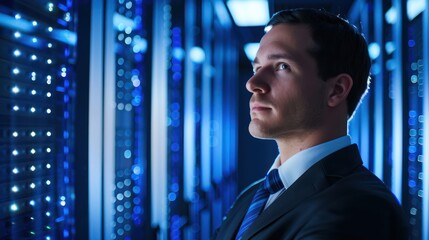 Fototapeta premium IT Technician Works on a Laptop in Big Data Center full of Rack Servers.