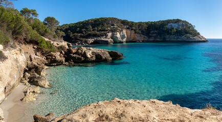 landscape view of the idyllic Cala Mitjana in southern Menorca