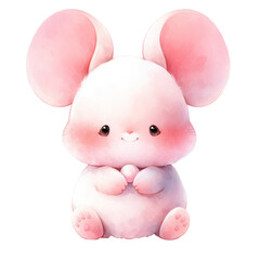 A cute little pink rabbit with a big smile on its face. It is holding an egg in its paws