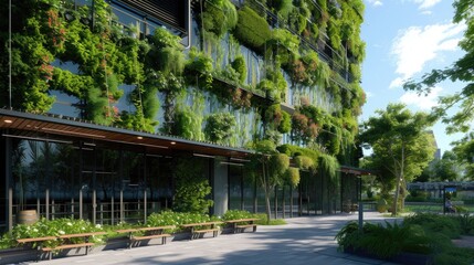 A contemporary office building featuring lush vertical gardens and eco-friendly architecture under a clear blue sky. AIG41 - obrazy, fototapety, plakaty