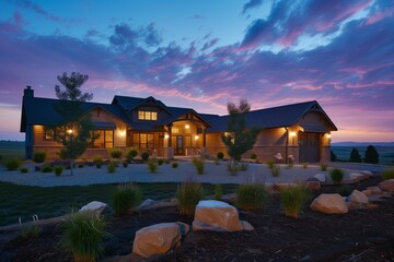 a ranch homes exterior at twilight with landscape lighting - obrazy, fototapety, plakaty