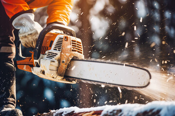 Close up of construction worker cutting trees using portable gasoline chainsaw - obrazy, fototapety, plakaty