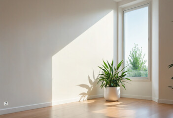 Minimalist interior design with plant in pot and sunlight colorful background