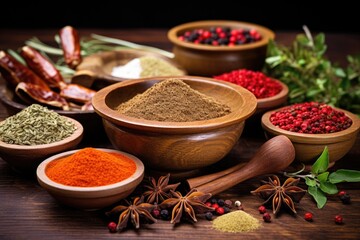 Spices and herbs in wooden bowls Food and cuisine ingredients Aromatic herbs and spices background Seasoning as ingredients for delicious food coocking, Ai generated