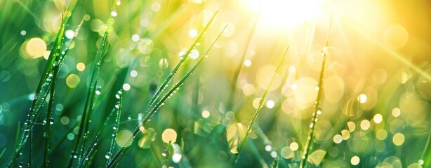 Dazzling Dewdrops on Fresh Green Grass at Sunrise - A Portrait of Renewal - Generative AI - Powered by Adobe