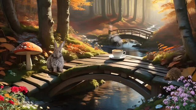 A bunny and hedgehog in autumn garden