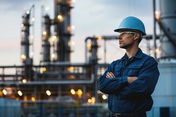 engineer with arms crossed standing in front of refinery