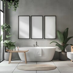 Fototapeta na wymiar Three bathroom wall posters on the wall, modern bathroom design, bathroom poster mockup, minimalism and coziness