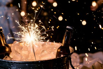 beers in an icefilled bucket with a lit sparkler at a night event - obrazy, fototapety, plakaty