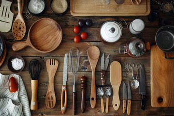 Top view of various utensils on table background in kitchen room, equipment for cooking food and drinks. - obrazy, fototapety, plakaty
