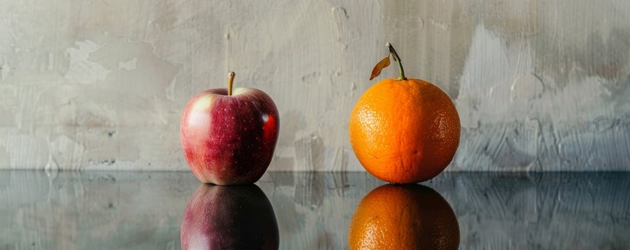 Apple and orange on reflective surface