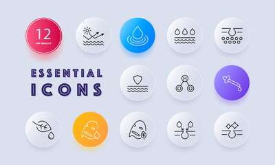 Skin care icon set. HO2, hydroperoxyl, leaf, drops, liquid, mask, natural products, skin protection, gradient, cream, oil, silhouette, gradient. Health care concept. Neomorphism style.