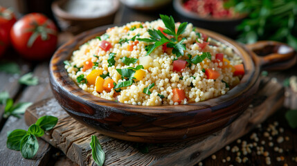 Couscous with vegetables and herbs on rustic wood
