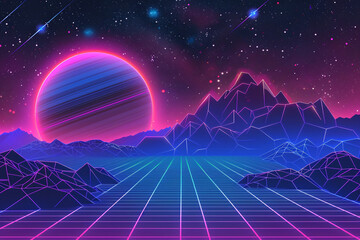 a digital landscape with mountains and a planet in the background