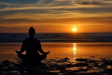 Fototapeta premium silhouetted figure meditating on beach at sunset
