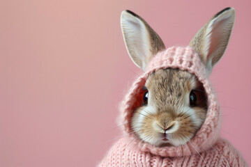 Cute bunny in clothes, pink mood concept portrait