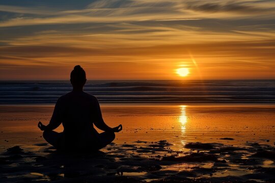 silhouetted figure meditating on beach at sunset