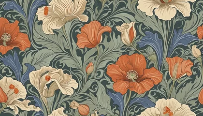 Fotobehang Vintage floral   pattern inspired by Art Nouveau, featuring sinuous lines and graceful poppies and irises in muted, earthy tones colorful background © Fukurou