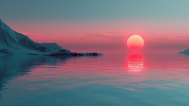 Serene landscape with pink sunset over the ocean