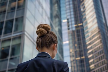 Fototapeta na wymiar businesswoman with a sleek bun looking at a skyscraper