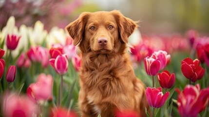 Charming Red-Haired Dog Among Vivid Spring Tulips - Generative AI