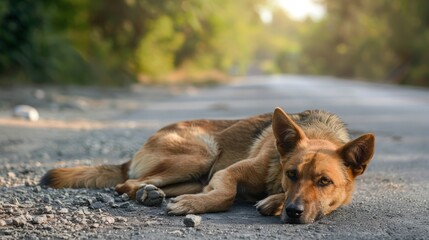 Lonely Stray Dog Waits Patiently on a Roadside in Summer Solace Generative AI.
