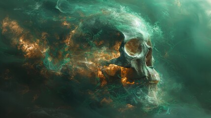 Digital art of a skull surrounded by fire and smoke