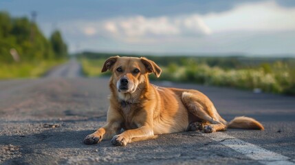 Lonely Stray Dog Waits Patiently on a Roadside in Summer Solace Generative AI.