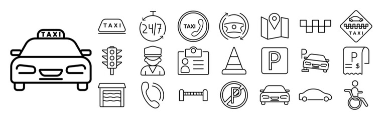Taxi icon set. ID card, passport, data, face photo, silhouette, taxi driver, uniform, hat, 24 hour work, parking, cone, stop, fence, P, taxi, car. Transportation service concept. © Кирилл Макаров