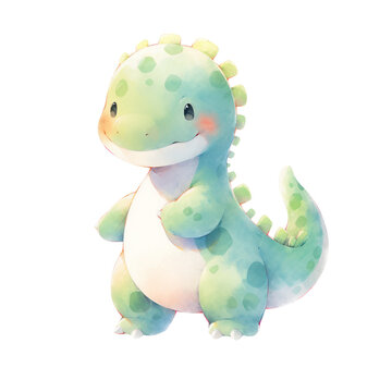A cartoon dinosaur with a smile on its face. It is green and has a white belly