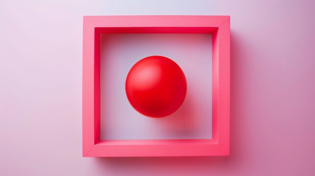 Red sphere in a pink square frame on a pastel background