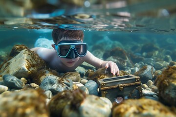 kid in goggles discovering a small chest among underwater rocks - obrazy, fototapety, plakaty