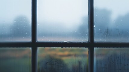 Raindrops on a window with a blurry landscape view