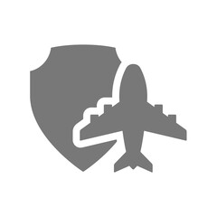 Travel insurance vector icon. Airplane with shield symbol.