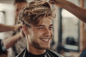 A delighted young man getting his hair styled at a barber shop
