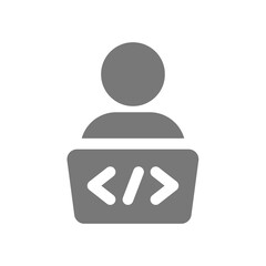 Coder with laptop vector icon. Computer web programmer or developer symbol.