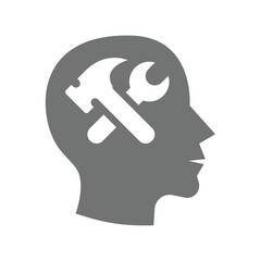 Human brain, thinking, intellect and intelligence vector. Human design with wrench and hammer icon.